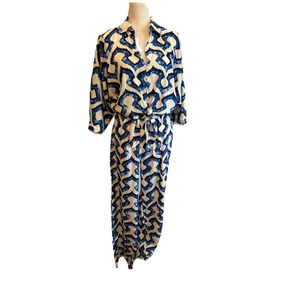 Rose +Olive MODERN Blue Watercolor Tie Front Top & Wide Leg Palazzo Pants. Sz Sm - Picture 1 of 6
